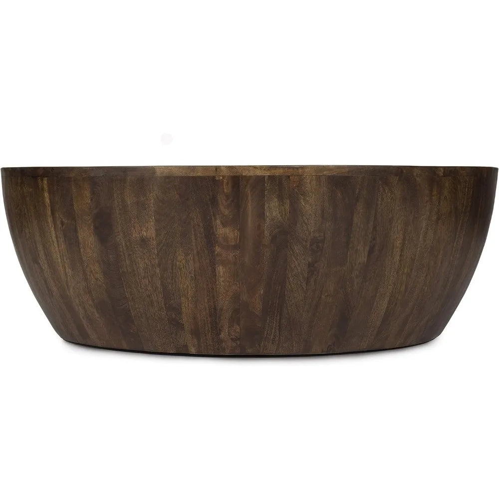 The Mango Wood Goa Coffee Table by Morsale features a smooth finish and natural grain patterns. With its dark brown hue, the large, round wooden table embodies modern style and sits on a white background.