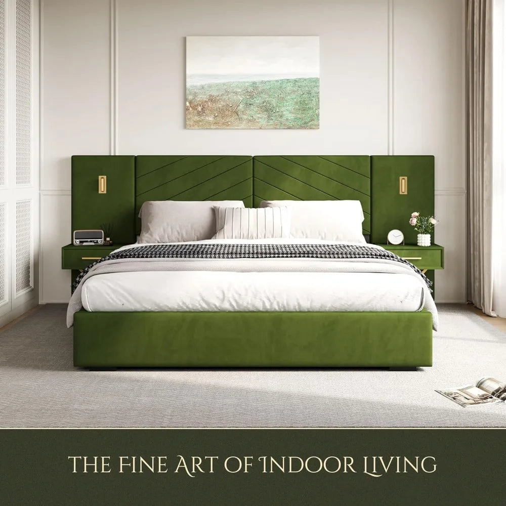 A Morsale king-size bed with a green velvet headboard and white bedding is set against a light wall with a landscape painting. Floating bedside tables elegantly hold decor items. Text reads: "The Fine Art of Indoor Living.