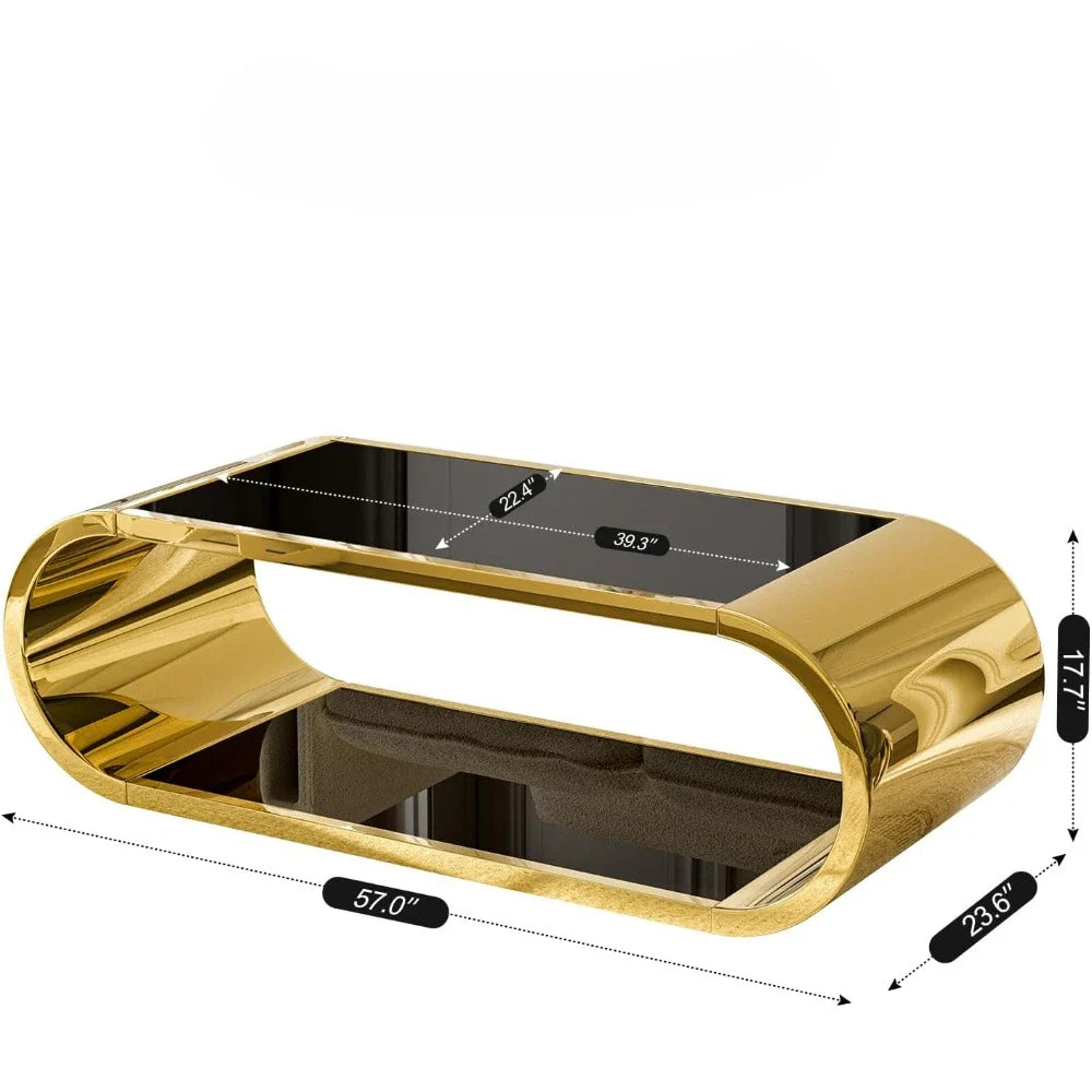 The Morsale Stainless Steel & Glass Coffee Table is an exquisite gold-colored living room piece with a sleek, open-sided design. It measures 57" x 23.6" x 17.7" and has inner sections of 39.3" and 22.4", offering added versatility.