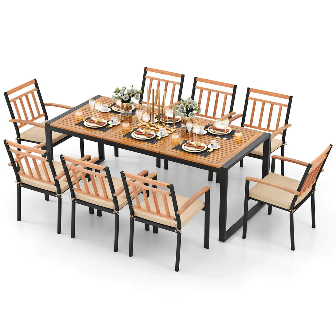 The Belford 9-Piece Patio Dining Set by Morsale includes a rectangular table and eight wooden chairs, elegantly arranged with plates, cutlery, wine glasses, and a floral centerpiece. Inspired by Mainland China designs, it offers effortless assembly for ideal patio use.