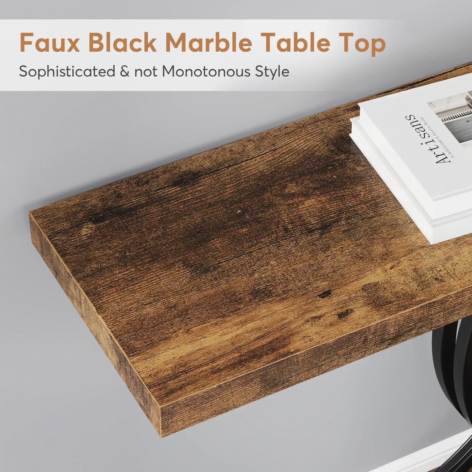 A Wexford Geometric Frame Console Table by Morsale, showcasing a faux black marble design with books on it. Text reads: "Faux Black Marble Table Top - Sophisticated & Modern Style.