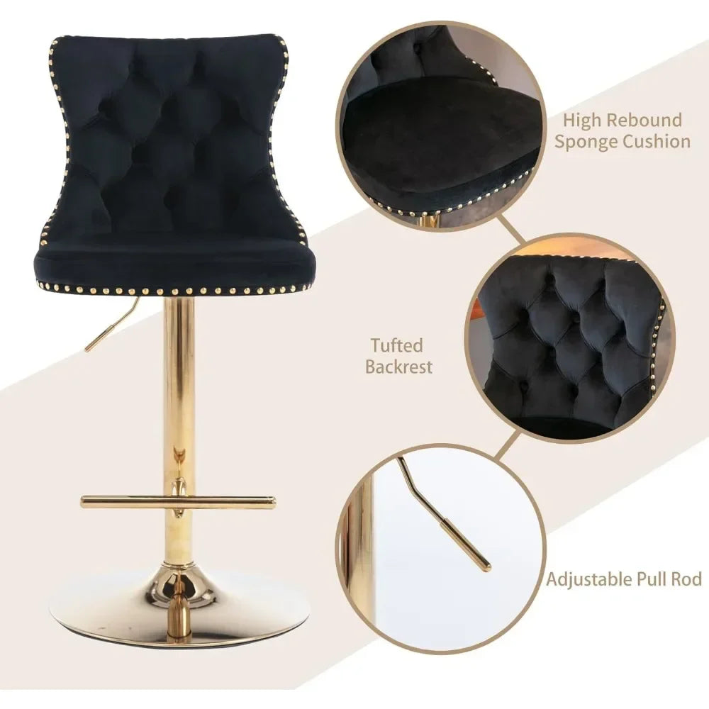 The Morsale Counter Height Swivel Bar Stools Set of 2 features a modern black velvet tufted backrest and gold base, embodying luxury and functionality. Inset images highlight the high rebound sponge cushion, tufted details, and adjustable pull rod. Easy assembly enhances this stylish set.
