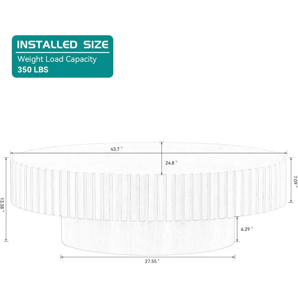 The Morsale 43" Living Room Coffee Table features a chemical-free circular design with a top diameter of 43.7 inches, height of 13.3 inches, and base width of 27.55 inches. It boasts an elegant ribbed side pattern and supports up to 350 pounds.
