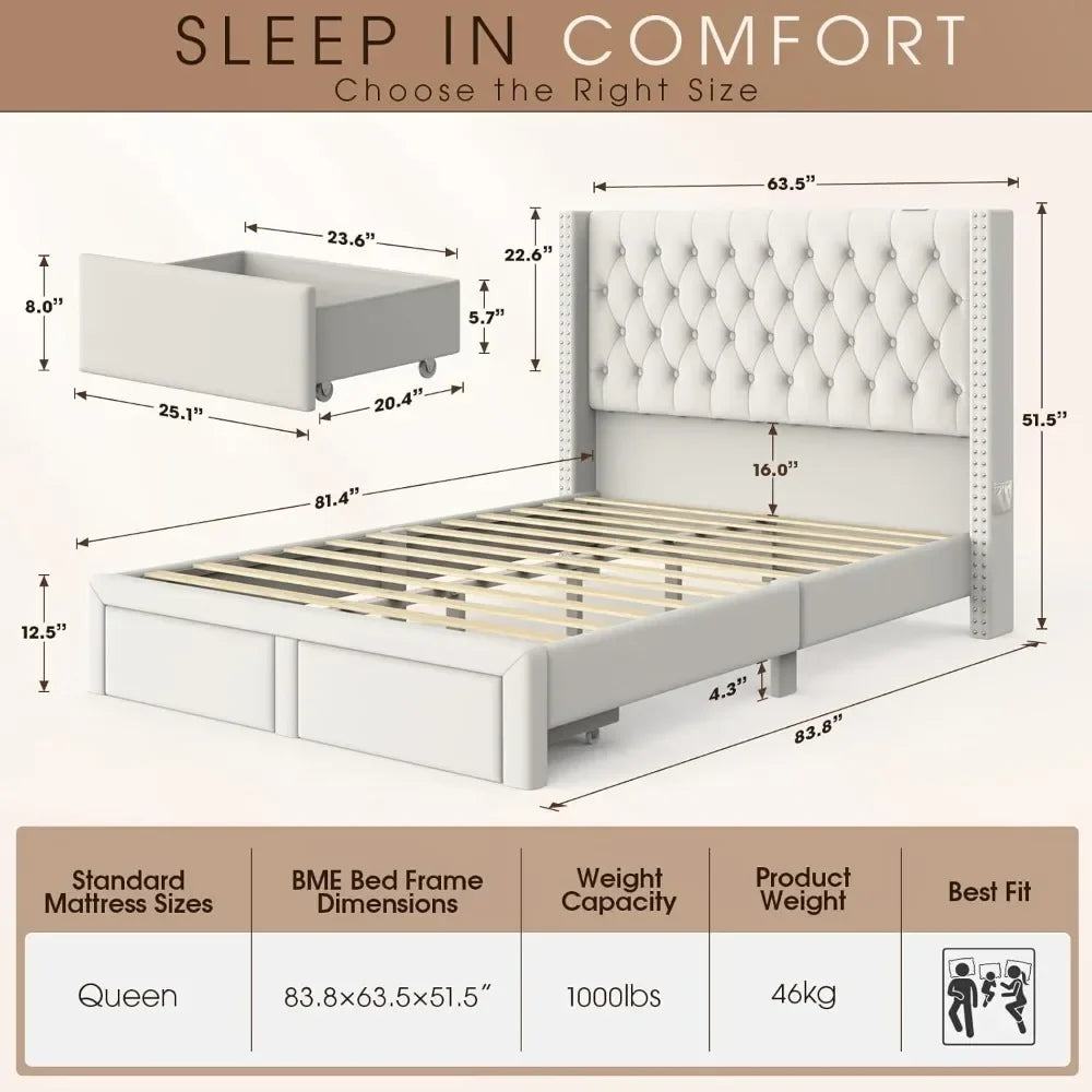 Illustration of Morsale's Gio Velvet Queen Bed with Storage, featuring a modern white upholstered frame and drawers. Supports 1000 lbs, weighs 46 kg, and fits a queen mattress. Caption: "Sleep in Comfort: Choose the Right Size." Assembly required.