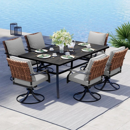 A minimalist modern patio scene features the Newport Grand Patio 7-Piece Outdoor Dining Set by Morsale, with a rectangular dark wood table and eight cushioned chairs surrounding it. A vase with white flowers and neatly arranged cups and saucers complete the set by the pool.