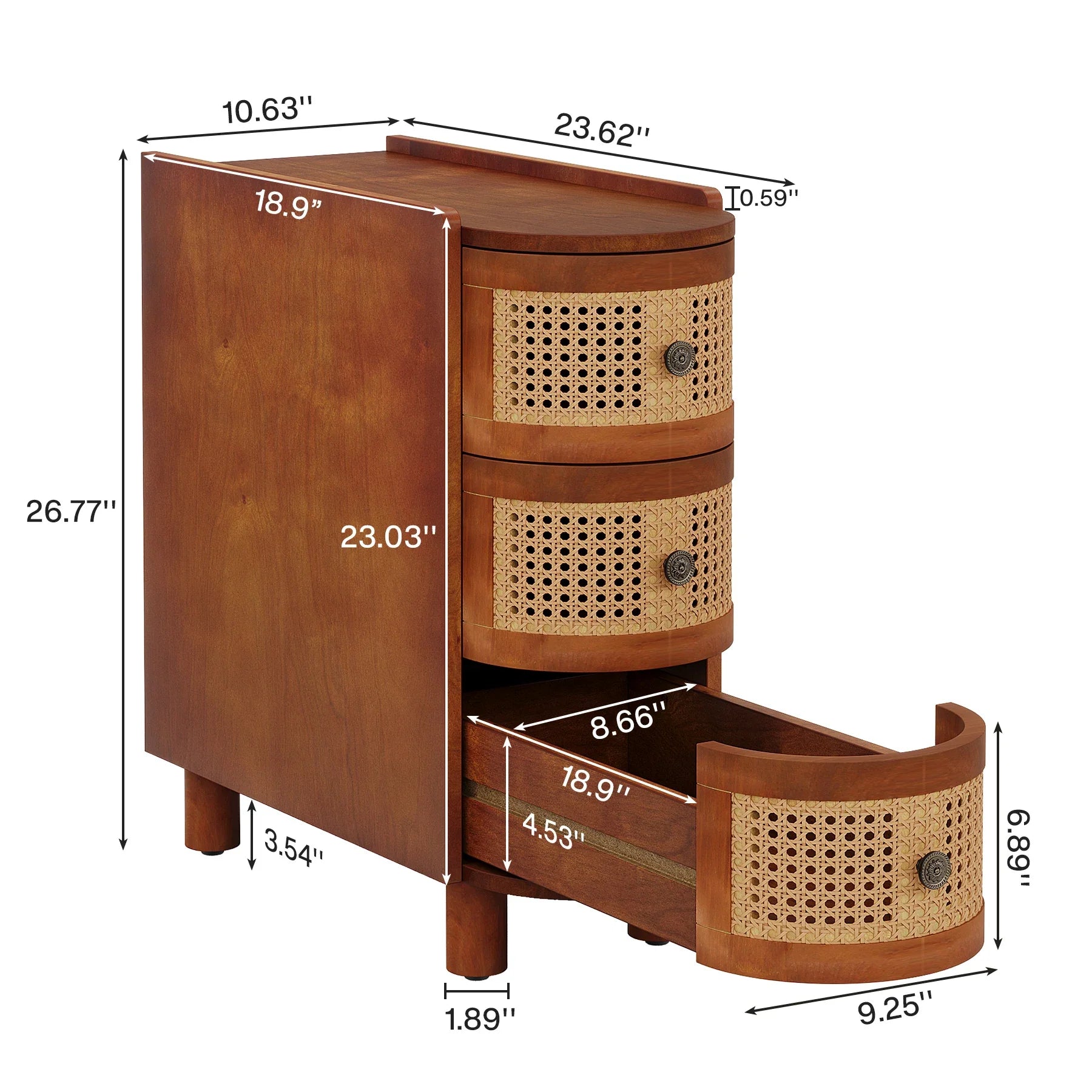 The Irvine Solid Wood Side Table by Morsale features a vintage finish, three sliding drawers with rounded rattan fronts, and an open bottom drawer. It measures 26.77" in height, 18.9" in depth, and 23.03" in length, with drawer fronts of 9.61". Distances between legs are also provided.
