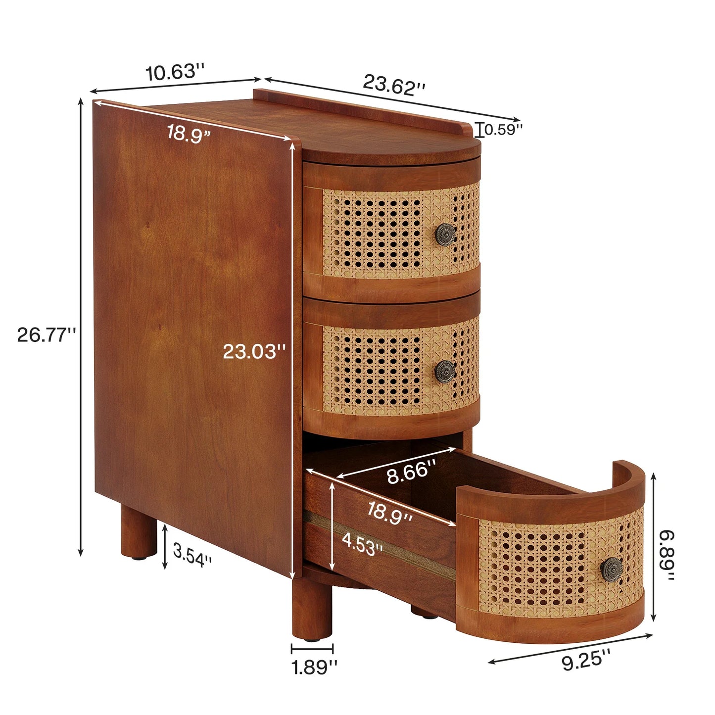 The Irvine Solid Wood Side Table by Morsale features a vintage finish, three sliding drawers with rounded rattan fronts, and an open bottom drawer. It measures 26.77" in height, 18.9" in depth, and 23.03" in length, with drawer fronts of 9.61". Distances between legs are also provided.