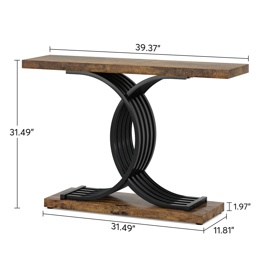 The Morsale Wexford Geometric Frame Console Table, featuring a decorative black metal base, stands against a textured gray wall with a lamp, potted plant, and books on top. Above this modern-style wooden table hangs a framed abstract painting.