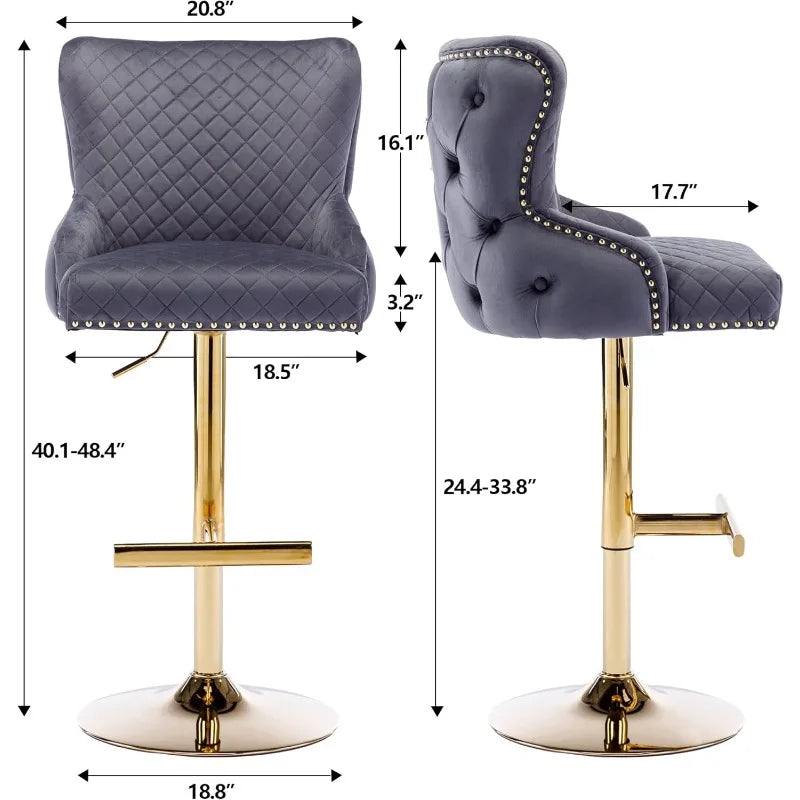The Pull Ring Velvet Barstools Set of 2 by Morsale feature chic gray quilted velvet with studded trim and padded backrests. Their gold-colored adjustable bases with footrests, and dimensions reflecting height and depth, add an elegant touch to any space.
