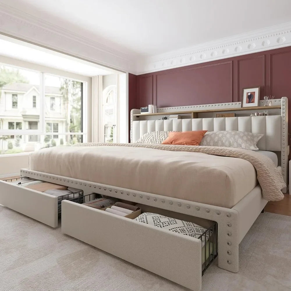A spacious bedroom features the modern Morsale Verano Bed Frame with Storage and Headboard upholstered in composite fabrics. Light-colored walls and a wooden floor complement a gold chandelier, while framed pictures add elegance.
