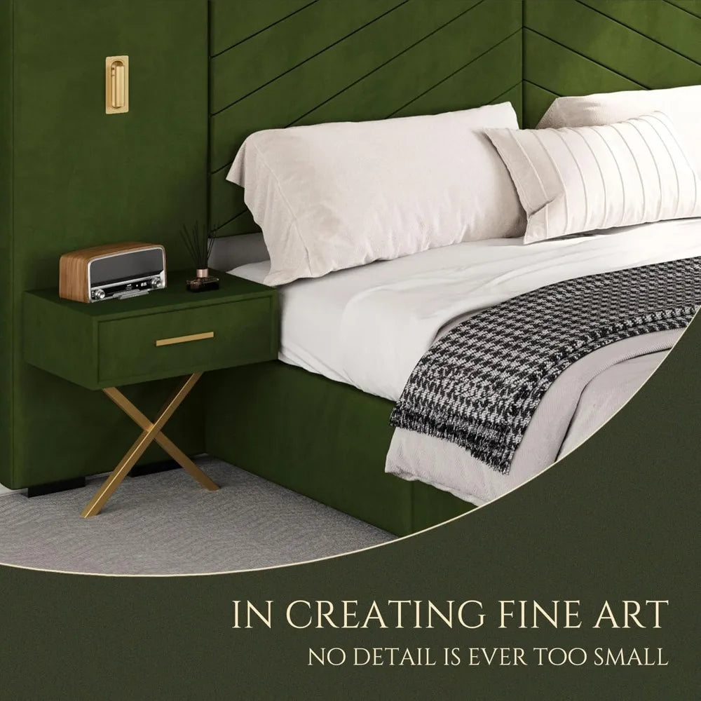 A stylish bedroom showcases a Morsale King Size Bed With Lighting & Bedside Tables, featuring a green velvet headboard and neatly made with white and gray bedding. A vintage radio adorns the table, with text reading: "In creating fine art, no detail is ever too small.
