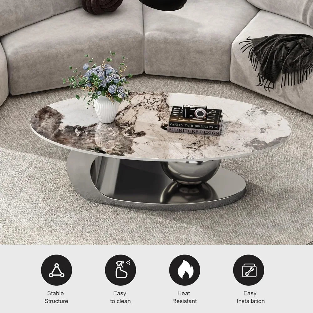 The Morsale Modern Coffee Table, with its ceramic top and curved steel base, sits on a light gray carpet. A small vase and book adorn it. Manufactured in Mainland China, it is chemical-free, stable, easy to clean, and heat-resistant for peace of mind.