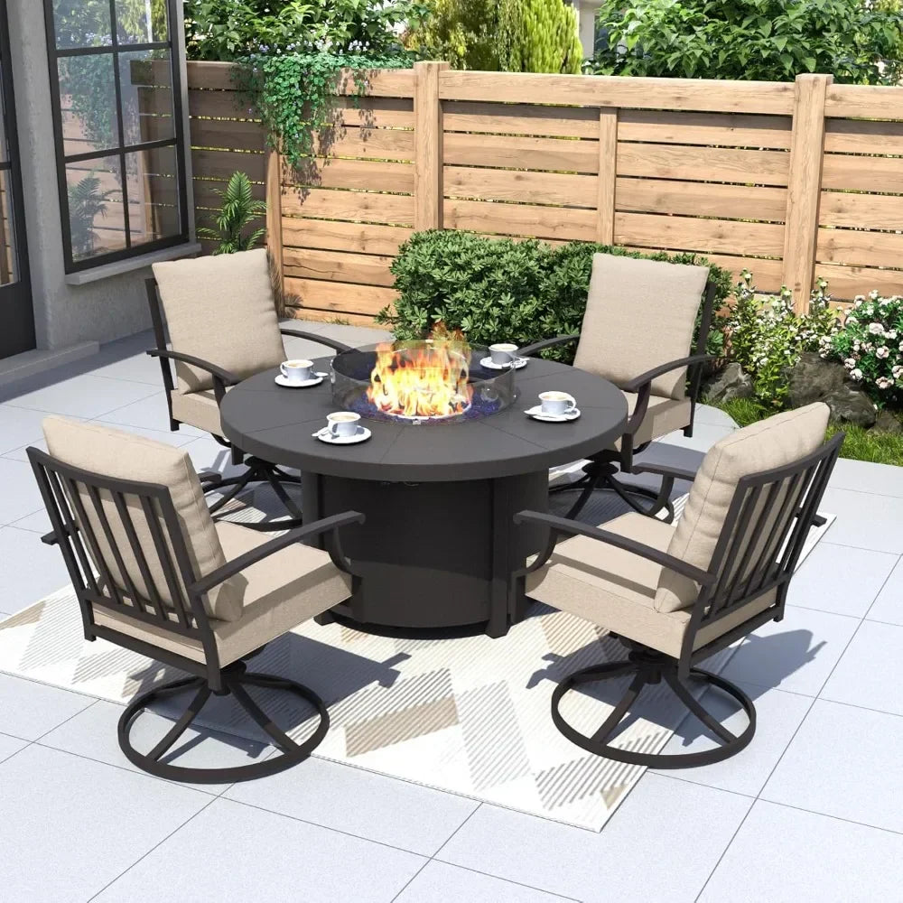The Morsale Westhill 5-Piece Patio Furniture Set features elegant metal swivel chairs and a round fire pit table, creating a warm, inviting scene with cups and saucers on the cushioned seats, all enclosed by a wooden fence with lush greenery.