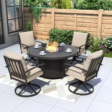 The Morsale Westhill 5-Piece Patio Furniture Set features elegant metal swivel chairs and a round fire pit table, creating a warm, inviting scene with cups and saucers on the cushioned seats, all enclosed by a wooden fence with lush greenery.