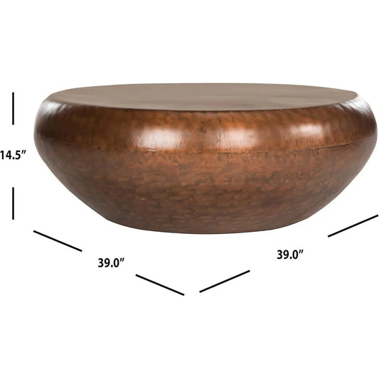 The Morsale 39" Iron Coffee Table boasts modern sophistication with industrial charm, featuring a round, bronze-colored design. It has a height of 14.5 inches, a 39-inch diameter, and showcases a polished hammered texture with a smooth top.