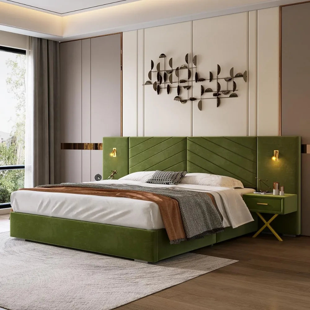 A modern bedroom showcases the Morsale King Size Bed with a velvet headboard, accented by beige and gray walls, abstract metal decor, a brown throw, and a gray blanket. Floating bedside tables with mounted lamps flank the bed as light filters through gray-curtained windows.