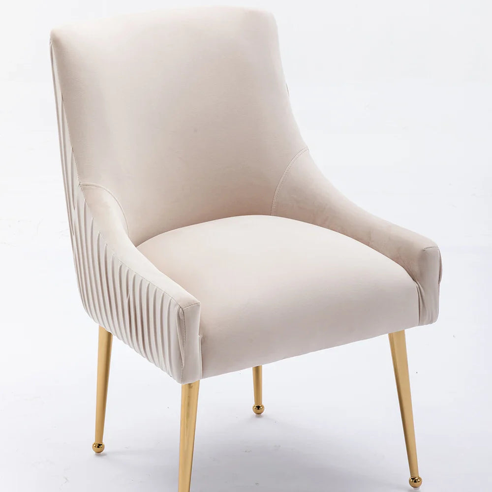 The Morsale Modern Glam Boucle Pleated Velvet Dining Chair Set of 4 features elegant cream-colored upholstery, plush backrests, and sleek golden metal legs. Subtle vertical seams on the sides add sophistication, perfectly embodying refined home furniture design against a light, neutral background.