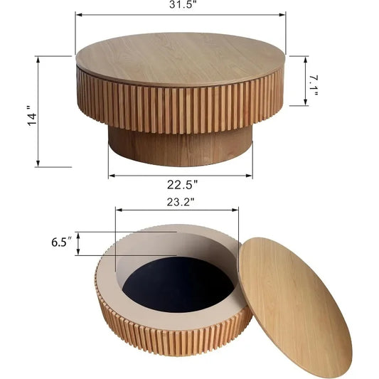 The Morsale 31" Round Coffee Table With Storage features a fluted design with a ribbed cylindrical base. It's 31.5" in diameter, 14" high, and has a lift-off top revealing a 6.5" deep storage area. Base diameters are 22.5" and 23.2".
