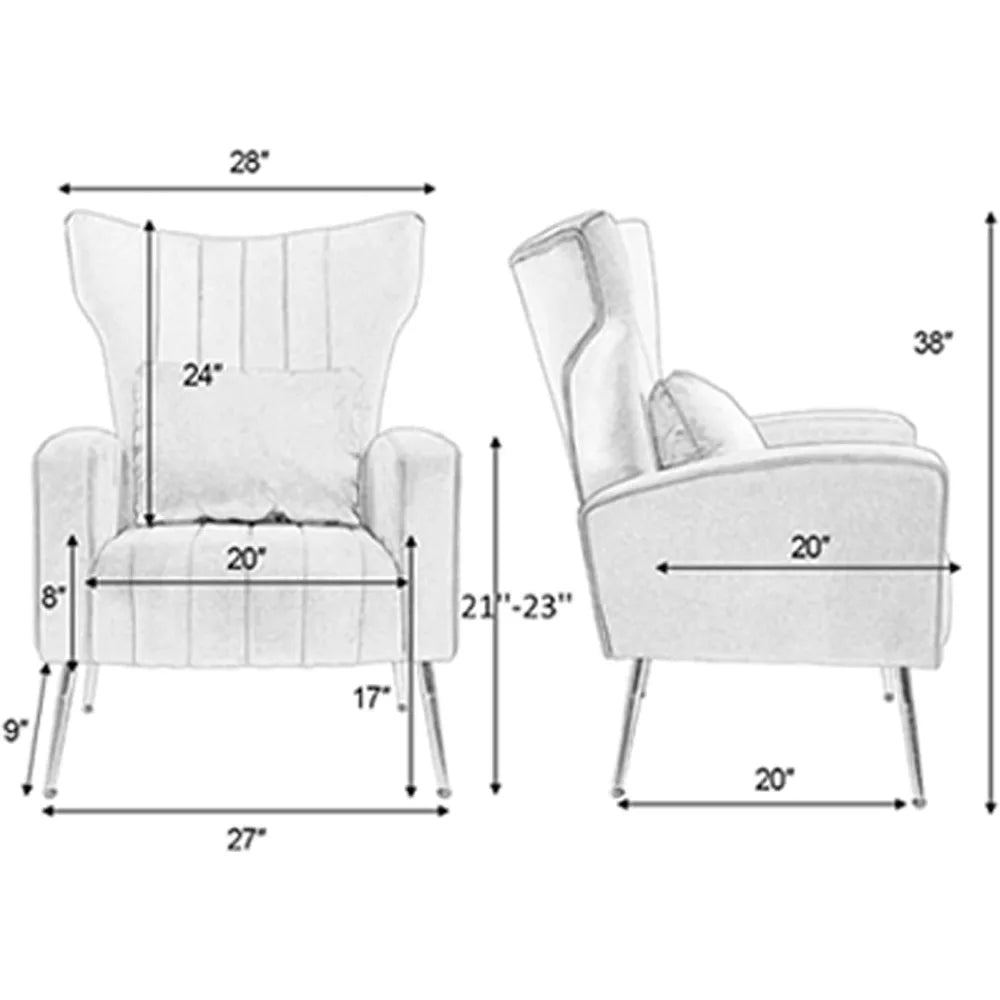The Morsale Modern Velvet Accent Chairs Set Of 2 feature a modern style with dimensions from the front: width 28", seat depth 20", back height 24"; and side: total height 38", seat height adjustable from 21"-23", leg height 9". Ideal for the living room, they include cushions for added comfort.