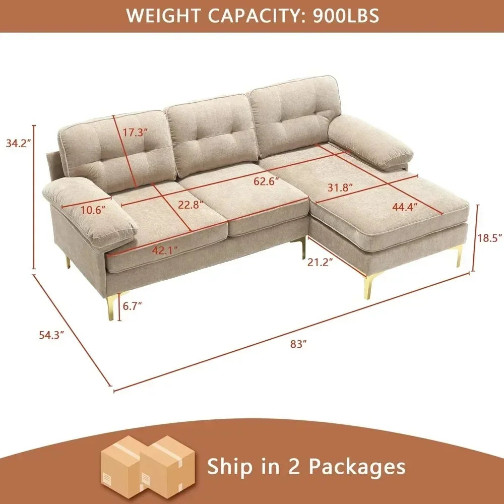 Image of a Morsale 83" light brown L-shaped sectional sofa with a chaise, modern gold legs, and red dimensions in width and height. Ideal for living rooms, it has a weight capacity of 900 lbs and ships in 2 packages.