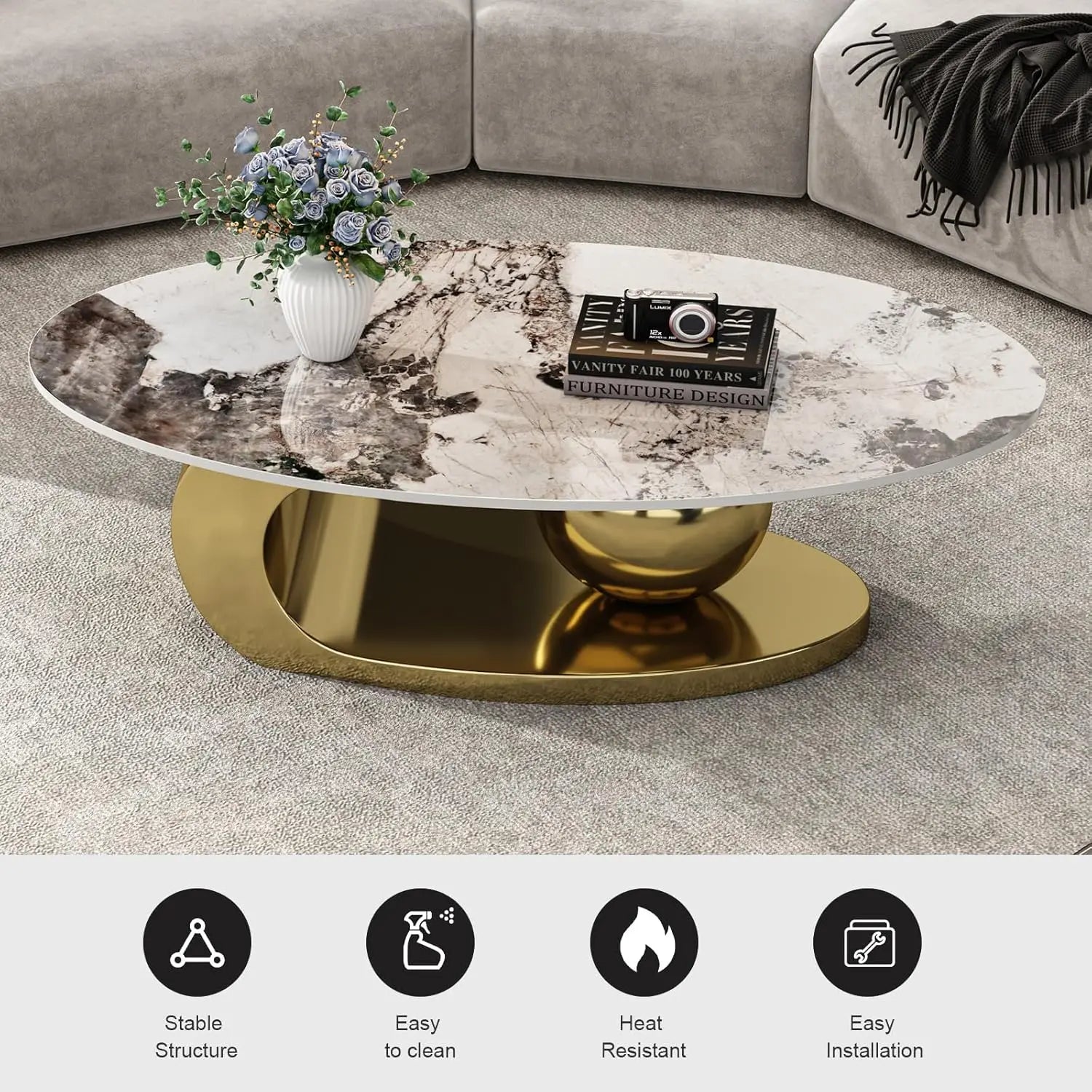 The Morsale Modern Coffee Table features a durable stainless steel base and an oval marble-like ceramic top, complete with a floral vase and book on a beige rug. Inset icons showcase its stability, easy cleaning, heat resistance, and straightforward installation.