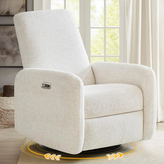 The Chenille Swivel Rocker Power Recliner Chair by Morsale, a modern white fabric wingback design, is placed in a cozy room with large windows. A button on the armrest controls its swivel position, highlighted by yellow arrows, while natural light fills the space.