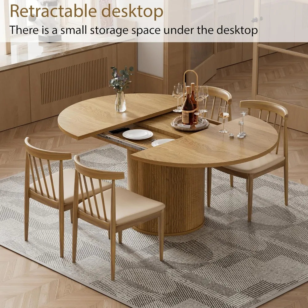 A modern dining area features the Barrow Extendable Dining Table by Morsale, partly opened to reveal hidden storage, crafted from engineered wood. Four wooden chairs with white cushions surround it on a gray-patterned rug, all set against elegant parquet flooring.