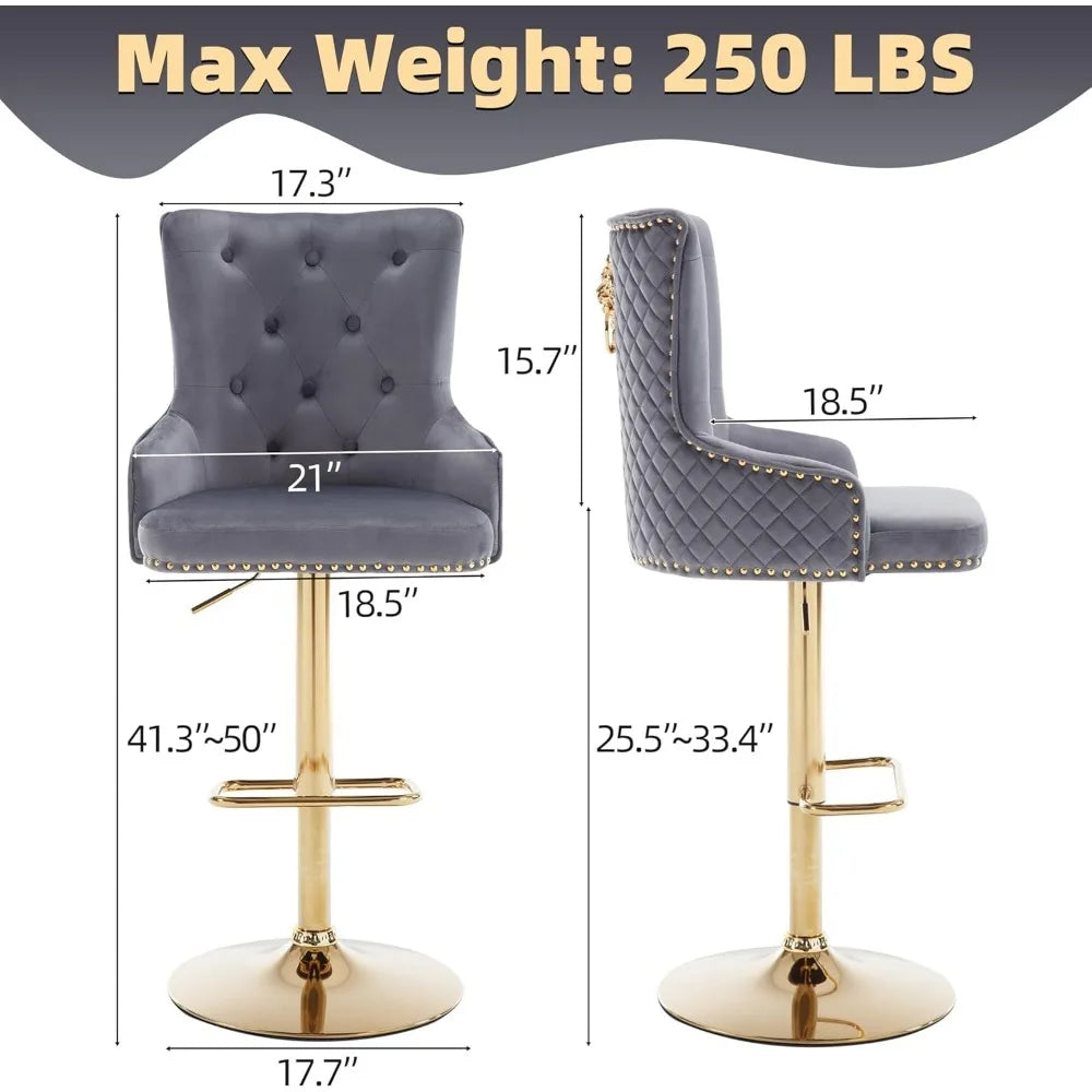 The Morsale Diamond Lattice Wingback Counter Stools Set of 4 showcases two views of gray bar stools with cushioned, quilted backrests in velvet finish. Featuring a gold base, footrest, and adjustable height from 25.5 to 50 inches, these modern pieces hold up to 250 lbs each—ideal for home use.