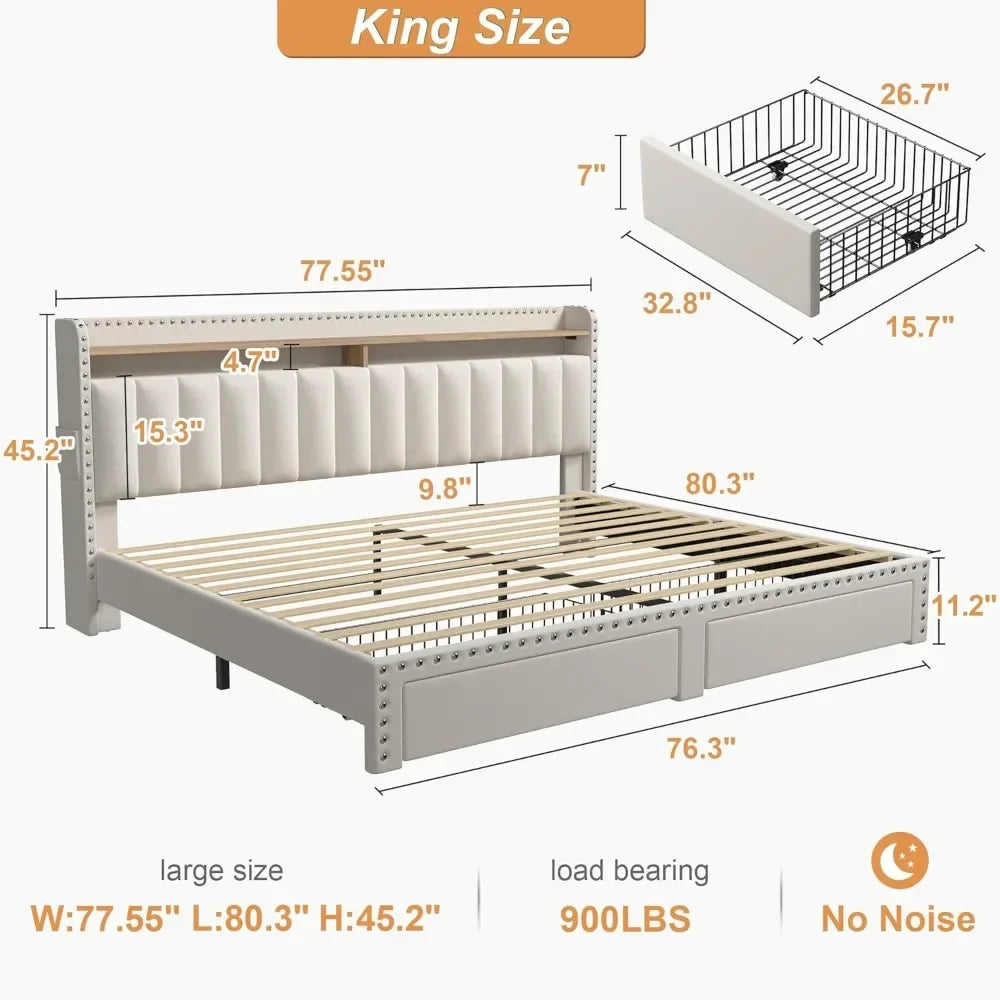 The Morsale Verano Bed Frame with Storage and Headboard offers a modern style and measures 77.55" (W) x 80.3" (L) x 45.2" (H). It includes a storage drawer of 26.7" x 32.8" x 5.9", supports up to 900 lbs, and uses composite fabrics for a "No Noise" experience in your home furniture lineup.