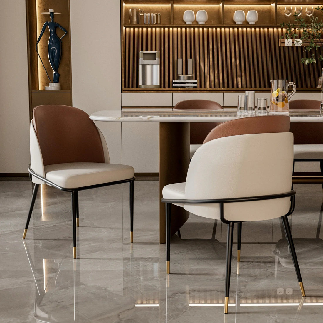 A modern dining room showcases a round table surrounded by Morsale's Vegan Leather Dining Chairs Set of 2 with brown and white upholstery. Shelves display decorative items and a blue sculpture, while the shiny floor reflects the room's elegant elements.