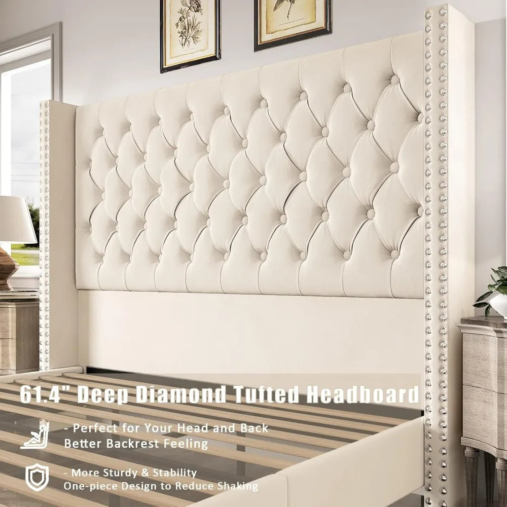 A luxurious bedroom features a Morsale Velvet Tufted Bed With Headboard, white and gray bedding, and decorative pillows. A cozy rug covers the wood floor. A bedside table with a lamp sits by the large window, and a European-made robotic vacuum is partially visible under the bed.