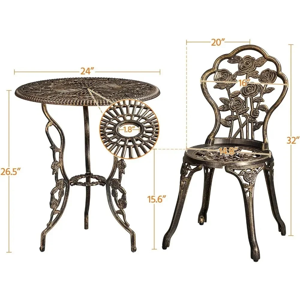 The Davids 3-Piece Vintage Outdoor Set by Morsale includes an ornate metal garden table and chair with rose designs. The table is 24" wide and 26.5" tall, while the chair measures 20" wide by 32" tall. Both pieces are easy to assemble and offer floral patterns for style and comfort outdoors.