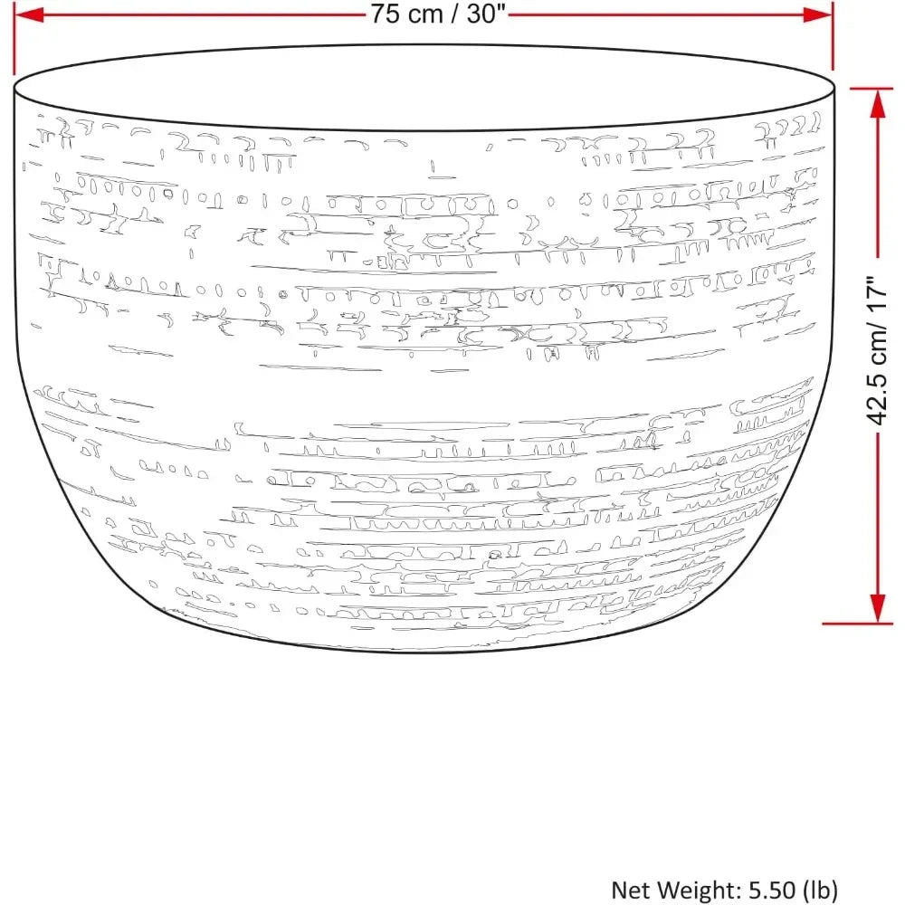 Line drawing of a Morsale Antique Copper Metal Coffee Table resembling a round bowl with textured pattern, measuring 75 cm in diameter and 42.5 cm in height, weighing 5.50 lb. Red arrows indicate dimensions.