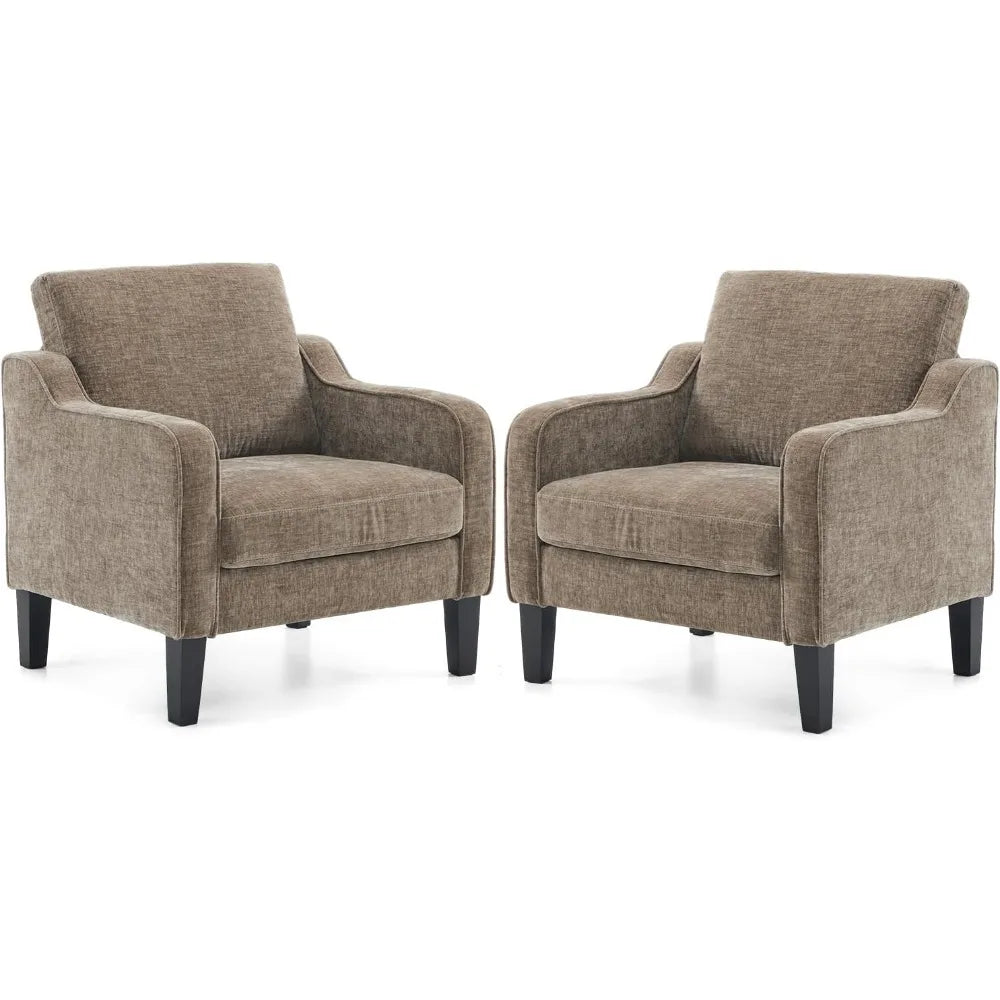 The Morsale Living Room Armchairs set includes two brown upholstered chairs with padded seats, rounded armrests, and four black wooden legs each. Their simple modern design allows for easy assembly and positioning as they face one another.