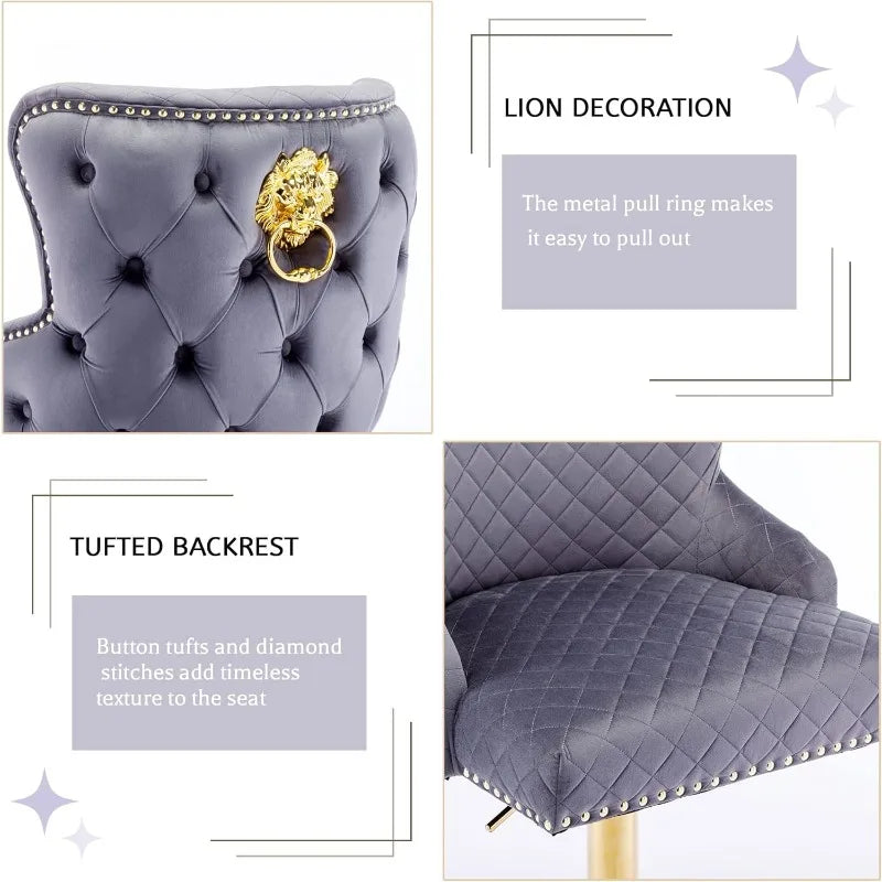 A collage showcasing the Morsale Pull Ring Velvet Barstools Set of 2: top left features a tufted backrest with a gold lion pull ring; bottom right highlights the seat's diamond stitching, adjustable height, and timeless texture for ease of use.