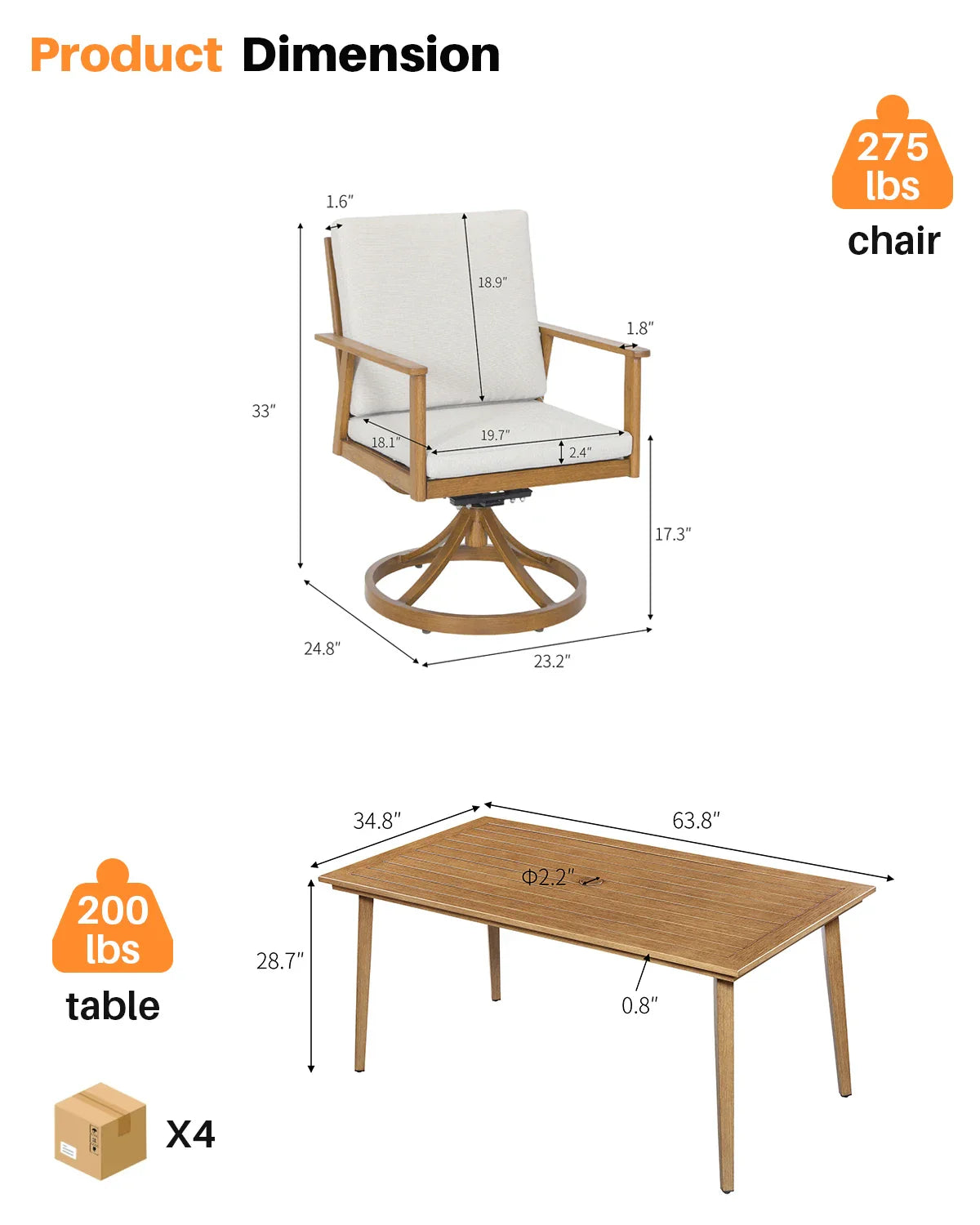 Diagram featuring the Shefford 7-Piece Patio Dining Set by Morsale: Chair with a 275-lb capacity, dimensions of 33"H x 24"W x 24.8"D; table supports up to 200 lbs and measures 63.8"L x 34.8"W x 28.7"H. Includes stylish garden setup with four chairs.