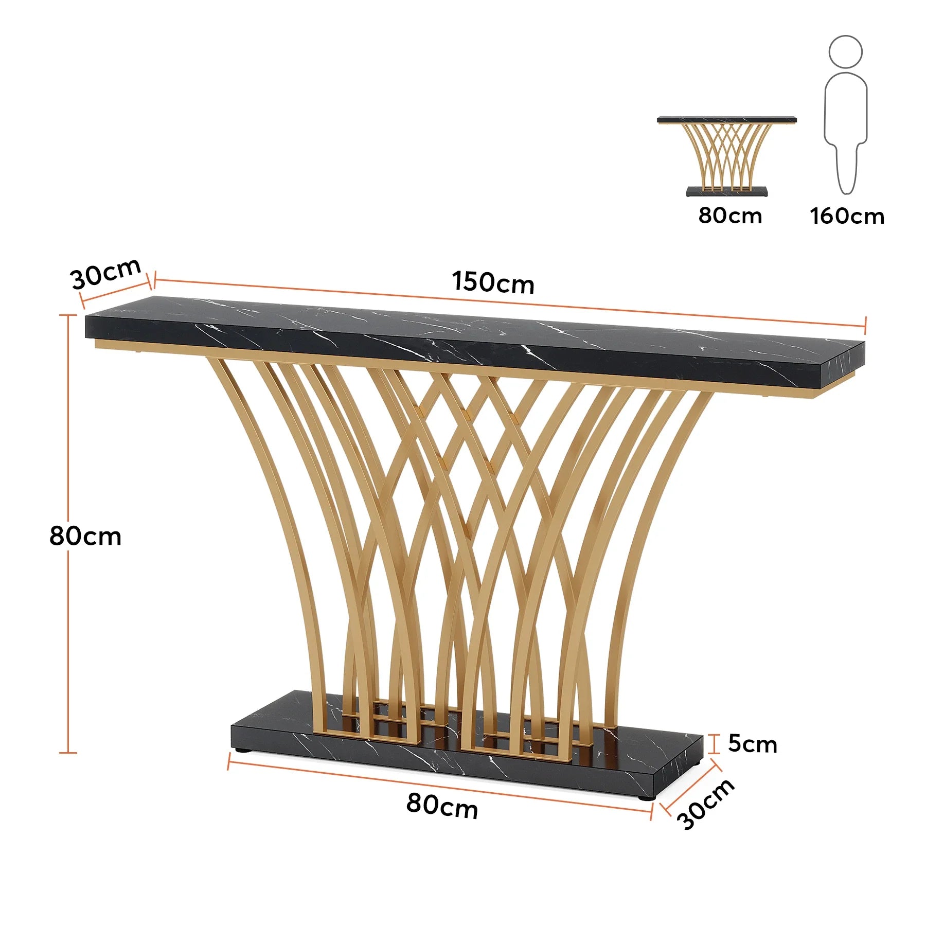 The Morsale Bassett Entryway Table features a sleek black faux marble top and a geometric gold metal base. It measures 150 cm wide, 30 cm deep, and 80 cm high, with elegance showcased next to a person who is 160 cm tall for scale.