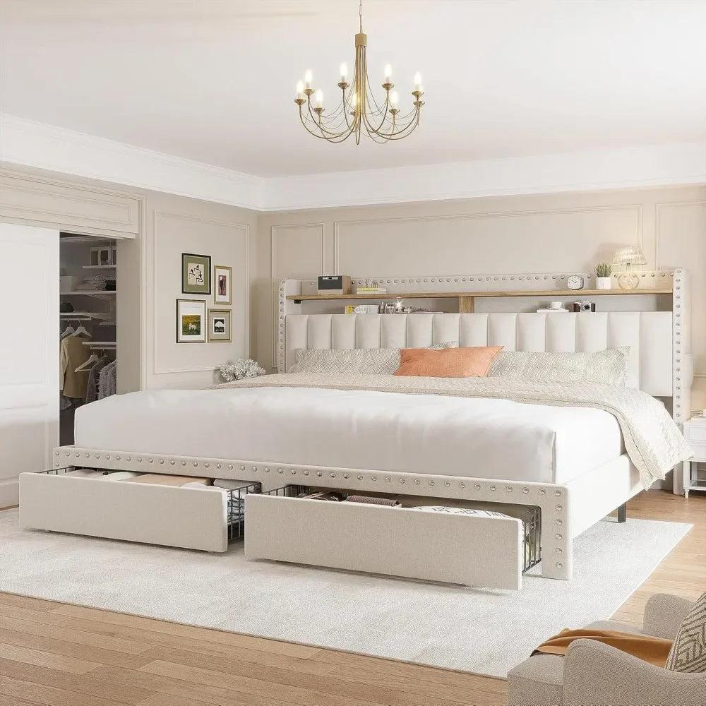 The spacious bedroom highlights a Morsale Verano Bed Frame with a large upholstered headboard featuring nailhead trim and storage drawers. Paired with a window view, stylish nightstand decor, and patterned rug, it completes the cozy setting.