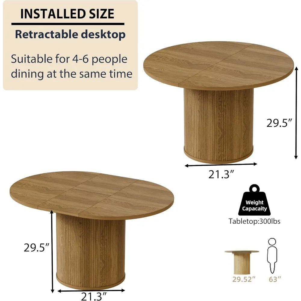 The Morsale Barrow Extendable Dining Table features a modern retractable design crafted from engineered wood. It stands 29.5" tall and extends from 21.3" to 63", accommodating 4-6 people, with a sturdy tabletop supporting up to 300 pounds.