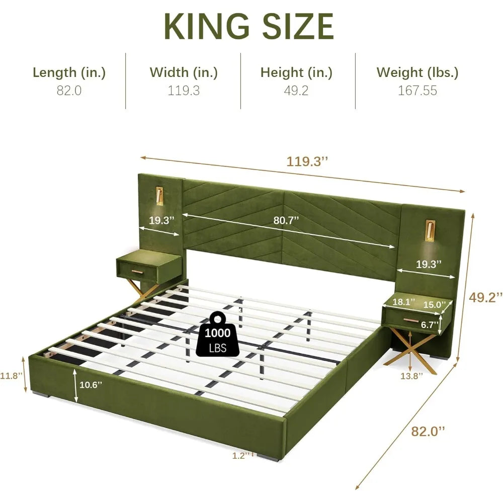 Diagram of the Morsale King Size Bed showing a green velvet-upholstered headboard (119.3" wide), floating bedside tables with lights, and dimensions of 82" L x 82" W x 49.2" H. Frame supports up to 1000 lbs.