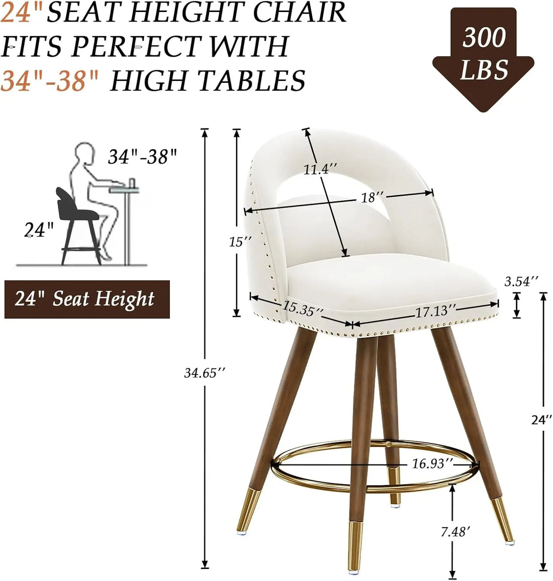 The Morsale Counter Height Swivel Bar Stools Set of 2, with white cushioned seats, wooden legs, and brass accents, enhance a sleek kitchen with black marble countertops. Imported from Mainland China, they are easy to assemble on alternating black tile and light wood floors.
